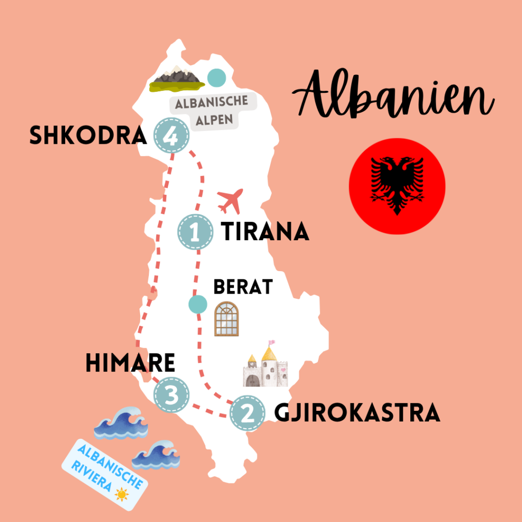 Karte von Reiseroute durch Albanien 10-14 Tage
