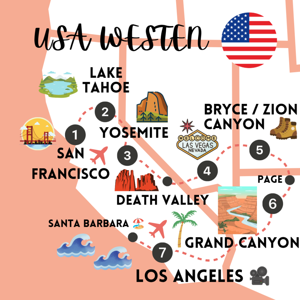 Karte der 14 Tage USA Westküste Rundreise von San Francisco bis Los Angeles
