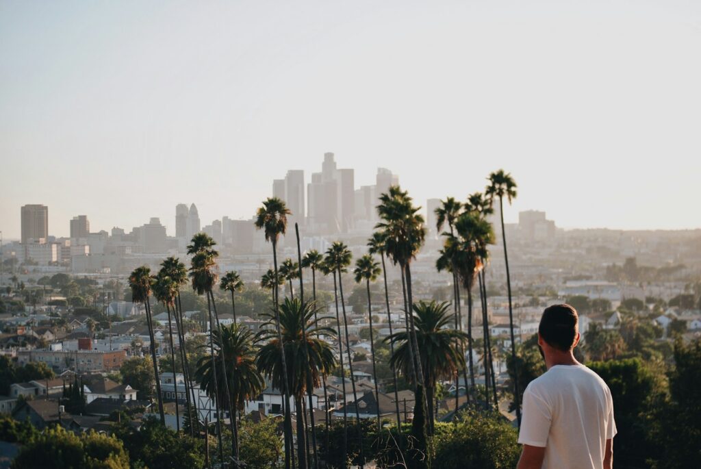 Mann blickt über Palmen hinweg auf die Skyline von Downtown Los Angeles im Dunst